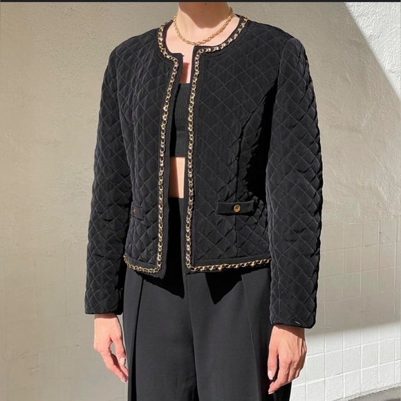 Chico’s NWT Travelers Black Quilted Jacket Gold Chain Leather Chico 0 Small 4 - Picture 2 of 14